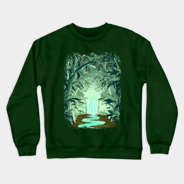 Fluorescent Waterfall on Surreal Bamboo Forest Crewneck Sweatshirt by BluedarkArt